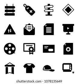 Solid vector icon set - sign post vector, medical label, road signpost, main, oncoming traffic, opened mail, document, presentation board, film coil, certificate, envelope, pennant, t shirt, cap