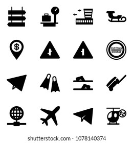 Solid vector icon set - sign post vector, baggage scales, airport building, sleigh, dollar pin, intersection road, customs, paper fly, flippers, flip flops, suitcase, globe, plane, helicopter toy