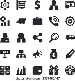 Solid vector icon set - signboard flat vector, hierarchy, case, magnifier, person, cogwheel, cash, marker, molecules, dollar, purse, telephone operator, phone call, wealth, statistics, mouthpiece
