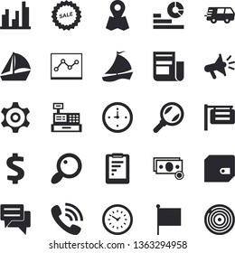 Solid vector icon set - signboard flat vector, magnifier, location, cogwheel, graphic report, cash, dollar, purse, phone call, statistics, flag, news, mouthpiece, clock, sell out, chat, trucking