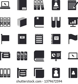 Solid vector icon set - signboard flat vector, flag, notebook, chart, sticker, folder, laptop, book, notepad, textbook, folders for papers, pass fector, badge