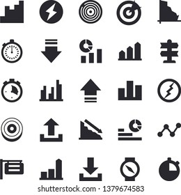Solid vector icon set - signboard flat vector, crisis, chart, statistics, scatter, statistic, target, lightning, achievement, stopwatch, pointer fector, compass, download, upload