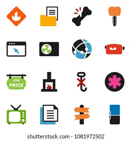 solid vector icon set - signpost vector, document, no hook, flammable, tv, video camera, ambulance star, broken bone, tooth implant, connection, browser, estate, low price signboard, fireplace
