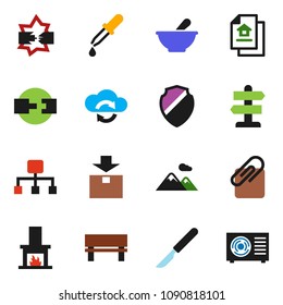 solid vector icon set - signpost vector, package, dropper, scalpel, mortar, disconnection, cloud exchange, shield, bench, hierarchy, connection, attachment, mountain, estate document, fireplace