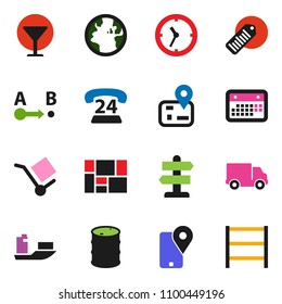 solid vector icon set - signpost vector, navigator, earth, phone 24, tracking, ship, delivery, clock, calendar, consolidated cargo, glass, oil barrel, barcode, route, shelving