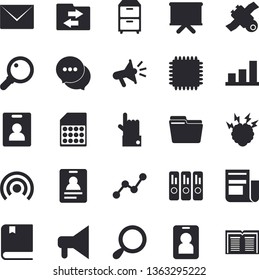 Solid vector icon set - SIM card flat vector, scatter chart, flipchart, news, mouthpiece, chat, computer file, folder, archive, satellit, cpu, textbook, brainstorm, indentity fector, pass, broadcast