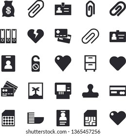 Solid vector icon set - SIM card flat vector, credit, wealth, heart, clip, badge, archive, folders for papers, indentity fector, hotel first line, cash dispenser, photo, do not disturb, stamp