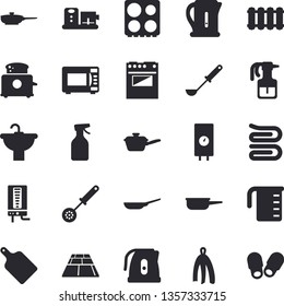 Solid vector icon set - sink flat vector, flooring, heating batteries, boiler, frying pan, saute, meashuring cup, electric kettle, ladle, kitchen spoon, towel, cutting board, stove, microwave