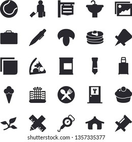Solid vector icon set - sink flat vector, measure, spring balance, pancakes, pizza, mushroom, cupcake, ice cream, tree leaf, signboard, sticker, tie, pen, tennis ball, proteins, luggage fector, tent