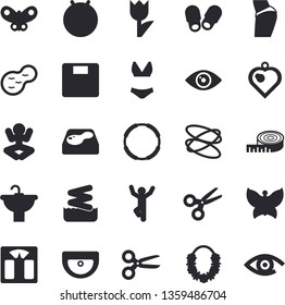 Solid vector icon set - sink flat vector, tulip, butterflies, pond, pool, weighing machine, centimeter, buttocks, fitball, swimsuit, yoga, gymnastics, hoop, hawaiian wreath fector, aquapark, eye