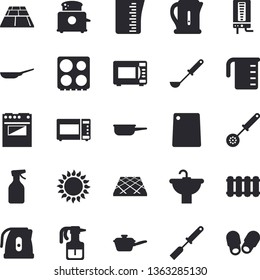Solid vector icon set - sink flat vector, flooring, heating batteries, boiler, frying pan, saute, meashuring cup, electric kettle, ladle, kitchen spatula, spoon, cutting board, stove, gas, microwave