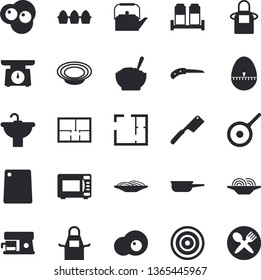 Solid vector icon set - sink flat vector, house layout, saute, teflon, weighing machine, teapot, apron, kitchen egg timer, knives, cutting board, induction cooker, microwave, spice, coffee, dish