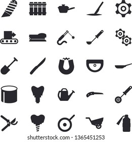 Solid vector icon set - sink flat vector, stationery knife, heating batteries, frying pan, saute, teflon, ladle, kitchen spoon, knives, shovel, secateurs, watering can, garden wheelbarrow, conveyor