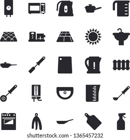 Solid vector icon set - sink flat vector, flooring, heating batteries, boiler, frying pan, saute, meashuring cup, electric kettle, ladle, kitchen spatula, spoon, towel, cutting board, stove, gas