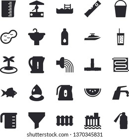 Solid vector icon set - sink flat vector, pipes, level meter, warm floor, heating batteries, faucet, meashuring cup, electric kettle, watermelon, fish, soda, well, bucketful, hose irrigation, pond