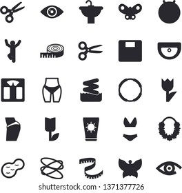 Solid vector icon set - sink flat vector, tulip, butterflies, pond, weighing machine, centimeter, buttocks, waistline, fitball, swimsuit, gymnastics, hoop, sun protection cream fector, aquapark, eye