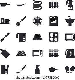 Solid vector icon set - sink flat vector, flooring, heating batteries, frying pan, saute, meashuring cup, electric kettle, ladle, kitchen spatula, spoon, towel, cutting board, stove, gas, microwave