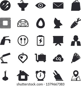 Solid vector icon set - sink flat vector, faucet, knives, table setting, onion, sausage, ham, carrot, house, greenhouse, battery, carbon dioxide, satellite antenna, person, flipchart, bags, sperm