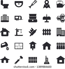 Solid vector icon set - sink flat vector, toilet, house layout, skyscraper, tile, heating batteries, teapot, rolling pin, meat hammer, mixer, double boiler, blender, honeycomb, nesting box, crane