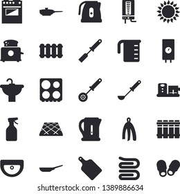 Solid vector icon set - sink flat vector, flooring, heating batteries, boiler, frying pan, meashuring cup, electric kettle, ladle, kitchen spatula, spoon, towel, cutting board, stove, gas, toaster