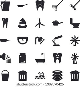 Solid vector icon set - sink flat vector, toilet, shower, frying pan, saute, plates, windmill, rake, bucketful, hose irrigation, drop, glass bottles, tooth, caries, reading lamp, pool, trash can
