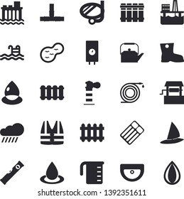Solid vector icon set - sink flat vector, pipes, level meter, heating batteries, boiler, meashuring cup, teapot, well, hose, gumboots, rain, pond, oil production platform, drop, radiator, lighthouse