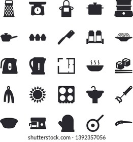 Solid vector icon set - sink flat vector, house layout, saucepan, saute, teflon, weighing machine, electric kettle, apron, potholder, whisk, towel, knives, stove, gas, double boiler, spice, coffee