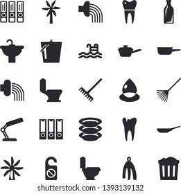 Solid vector icon set - sink flat vector, toilet, frying pan, saute, towel, plates, windmill, rake, bucketful, hose irrigation, drop, glass bottles, caries, dental crowns, reading lamp, pool