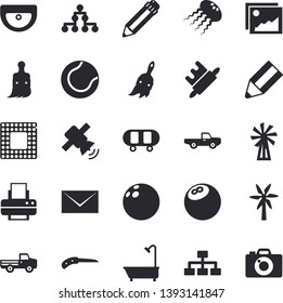 Solid vector icon set - sink flat vector, shower, rolling pin, windmill, pickup truck, knife, paint brush, printer, pencil, mail, satellit, cpu, classification, bowling ball, skateboard, tennis