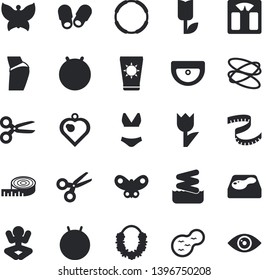 Solid vector icon set - sink flat vector, tulip, butterflies, pond, pool, weighing machine, centimeter, buttocks, fitball, swimsuit, yoga, hoop, sun protection cream fector, hawaiian wreath, eye