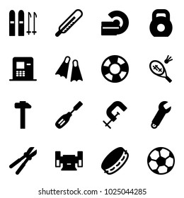 Solid vector icon set - ski vector, thermometer, mri, weight, atm, flippers, lifebuoy, badminton, hammer, chisel, clamp, wrench, bolt cutter, sharpening, tambourine, soccer ball