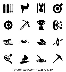 Solid vector icon set - ski vector, power hand, pull ups, target, job, win cup, solution, pool, swimming, mat, kayak, badminton, windsurfing, fishing, axe