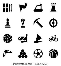 Solid vector icon set - ski vector, power hand, treadmill, chess tower, queen, pennant, rock axe, target, volleyball, diving, windsurfing, bike, boomerang, billiards balls, soccer ball, basketball