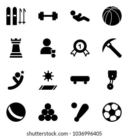Solid vector icon set - ski vector, barbell, abdominal muscles, basketball ball, chess tower, winner, gold medal, rock axe, flying man, mat, skateboard, piston, billiards balls, baseball bat, soccer