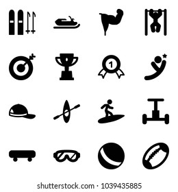 Solid vector icon set - ski vector, snowmobile, power hand, pull ups, target, win cup, gold medal, flying man, cap, kayak, surfing, gyroscope, skateboard, protective glasses, ball, football