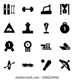 Solid vector icon set - ski vector, barbell, treadmill, pull ups, road for moto sign, winner, pennant, gold medal, pool, mat, kayak, cabrio, baseball bat, bow