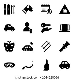 Solid vector icon set - ski vector, dog, calendar, tunnel road sign, car, winner, key hand, doors, butterfly, wireless, bucksaw, dowel, protective glasses, sickle, brush