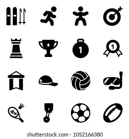 Solid vector icon set - ski vector, run, gymnastics, target, chess tower, gold cup, medal, pennant, cap, volleyball, diving, badminton, piston, soccer ball, football