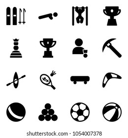 Solid vector icon set - ski vector, push ups, pull, cup, chess queen, win, winner, rock axe, kayak, badminton, skateboard, boomerang, ball, billiards balls, soccer, beach