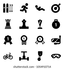 Solid vector icon set - ski vector, run, abdominal muscles, target, chess tower, winner, pennant, gold medal, diving, bike, gyroscope, piston, protective glasses