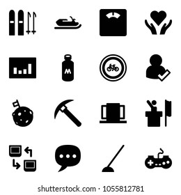Solid vector icon set - ski vector, snowmobile, floor scales, heart care, statistics, milk, no bike road sign, user check, moon flag, rock axe, doors, speaker, data exchange, chat, hoe, gamepad