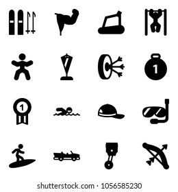 Solid vector icon set - ski vector, power hand, treadmill, pull ups, gymnastics, pennant, solution, gold medal, swimming, cap, diving, surfing, cabrio, piston, bow