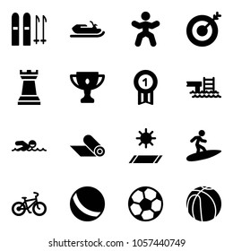 Solid vector icon set - ski vector, snowmobile, gymnastics, target, chess tower, gold cup, medal, pool, swimming, mat, surfing, bike, ball, soccer, basketball