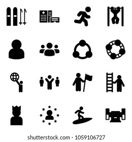 Solid vector icon set - ski vector, hospital building, run, pull ups, user, group, social, friends, world, team leader, win, opportunity, king, star man, surfing, sharpening