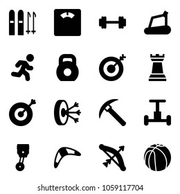 Solid vector icon set - ski vector, floor scales, barbell, treadmill, run, weight, target, chess tower, solution, rock axe, gyroscope, piston, boomerang, bow, basketball