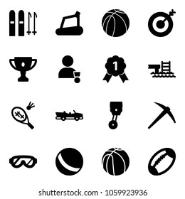 Solid vector icon set - ski vector, treadmill, basketball ball, target, gold cup, winner, medal, pool, badminton, cabrio, piston, axe, protective glasses, football