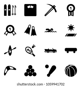 Solid vector icon set - ski vector, floor scales, job, gold medal, flippers, swimming, mat, kayak, badminton, cabrio, skateboard, boomerang, billiards balls, baseball bat, basketball