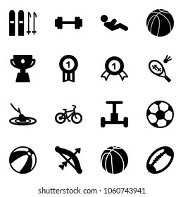 Solid vector icon set - ski vector, barbell, abdominal muscles, basketball ball, cup, gold medal, badminton, fishing, bike, gyroscope, soccer, beach, bow, football
