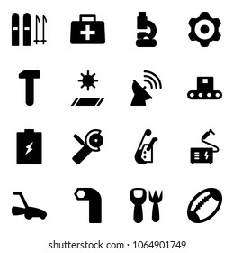 Solid vector icon set - ski vector, doctor bag, lab, gear, work, mat, satellite antenna, conveyor, battery, Angular grinder, winch, welding, lawn mower, allen key, shovel fork toy, football