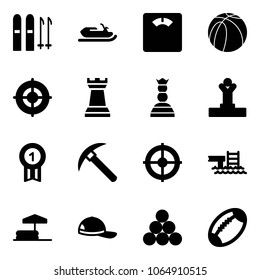 Solid vector icon set - ski vector, snowmobile, floor scales, basketball ball, target, chess tower, queen, winner, gold medal, rock axe, pool, inflatable, cap, billiards balls, football